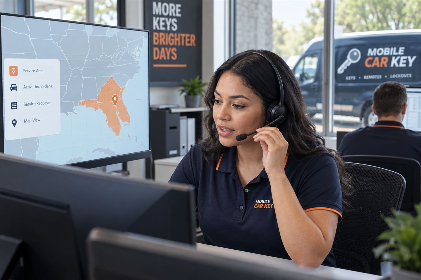 A dispatcher coordinating a mobile automotive key request from a service desk