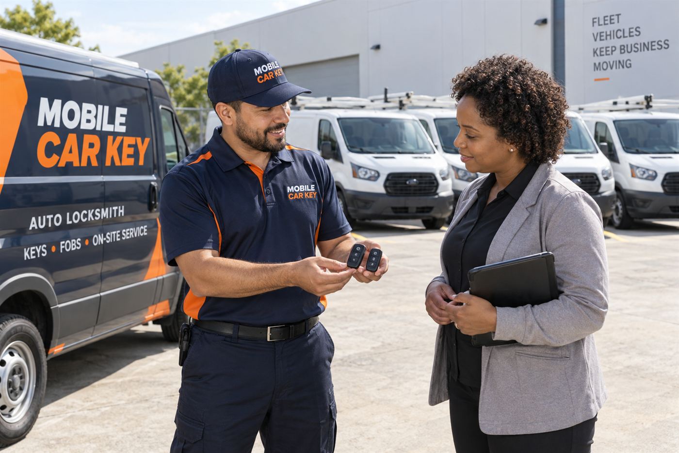 A mobile automotive locksmith handing programmed fobs to a fleet manager