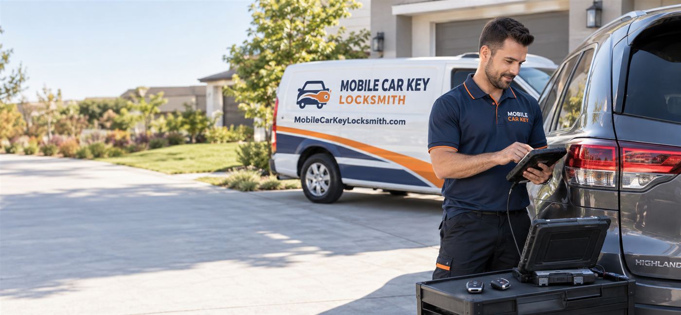 A mobile automotive locksmith beside a family SUV and a branded service van, working on a car key