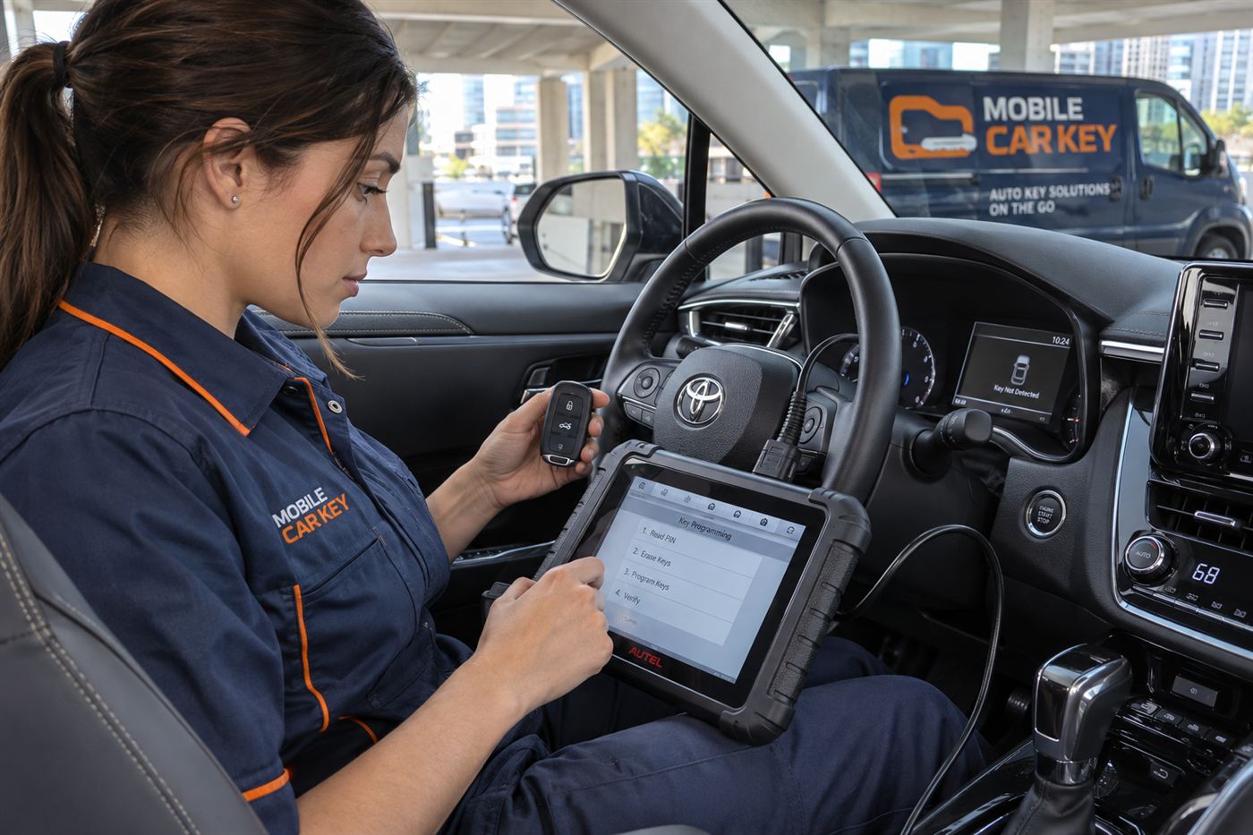 A mobile automotive locksmith programming a replacement key inside a modern vehicle