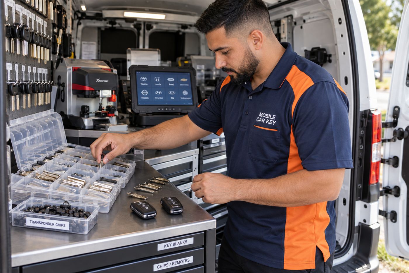 Key blanks, transponder chips and replacement fobs organized in a mobile workshop