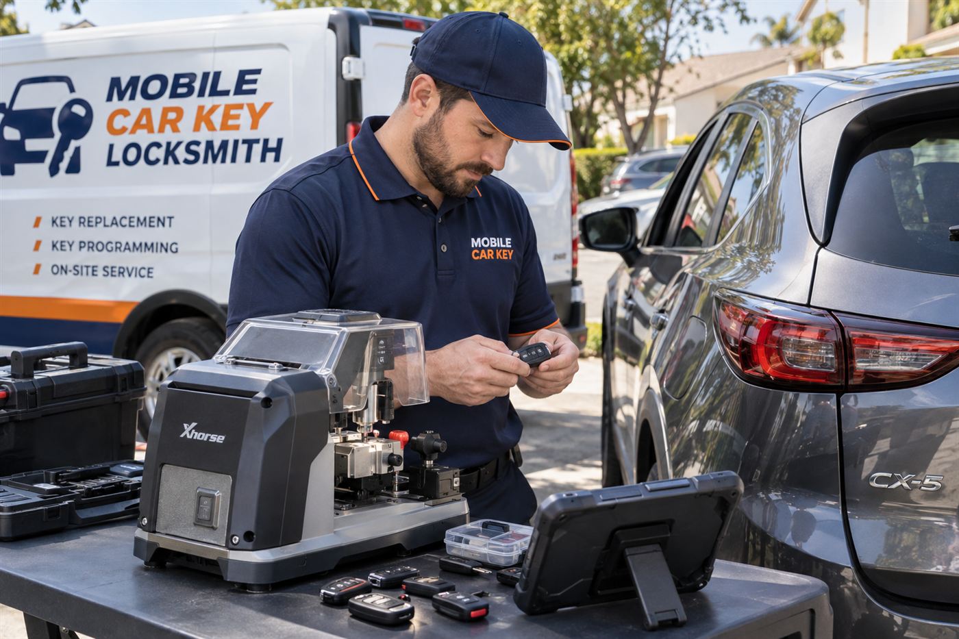 A mobile automotive locksmith preparing a replacement key beside a vehicle and a branded service van