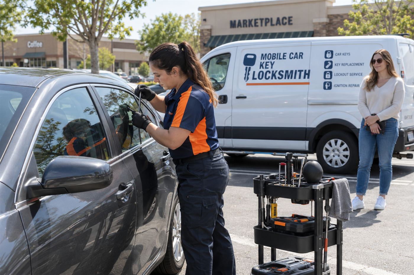 A mobile automotive locksmith using a vehicle entry tool beside a branded service van